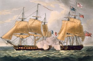 La Clorinde elfoglalása, 1814. február 26., Thomas Sutherland metszete J. Jenkins "Naval Achievements" című művéhez, 1816 (színes metszet).